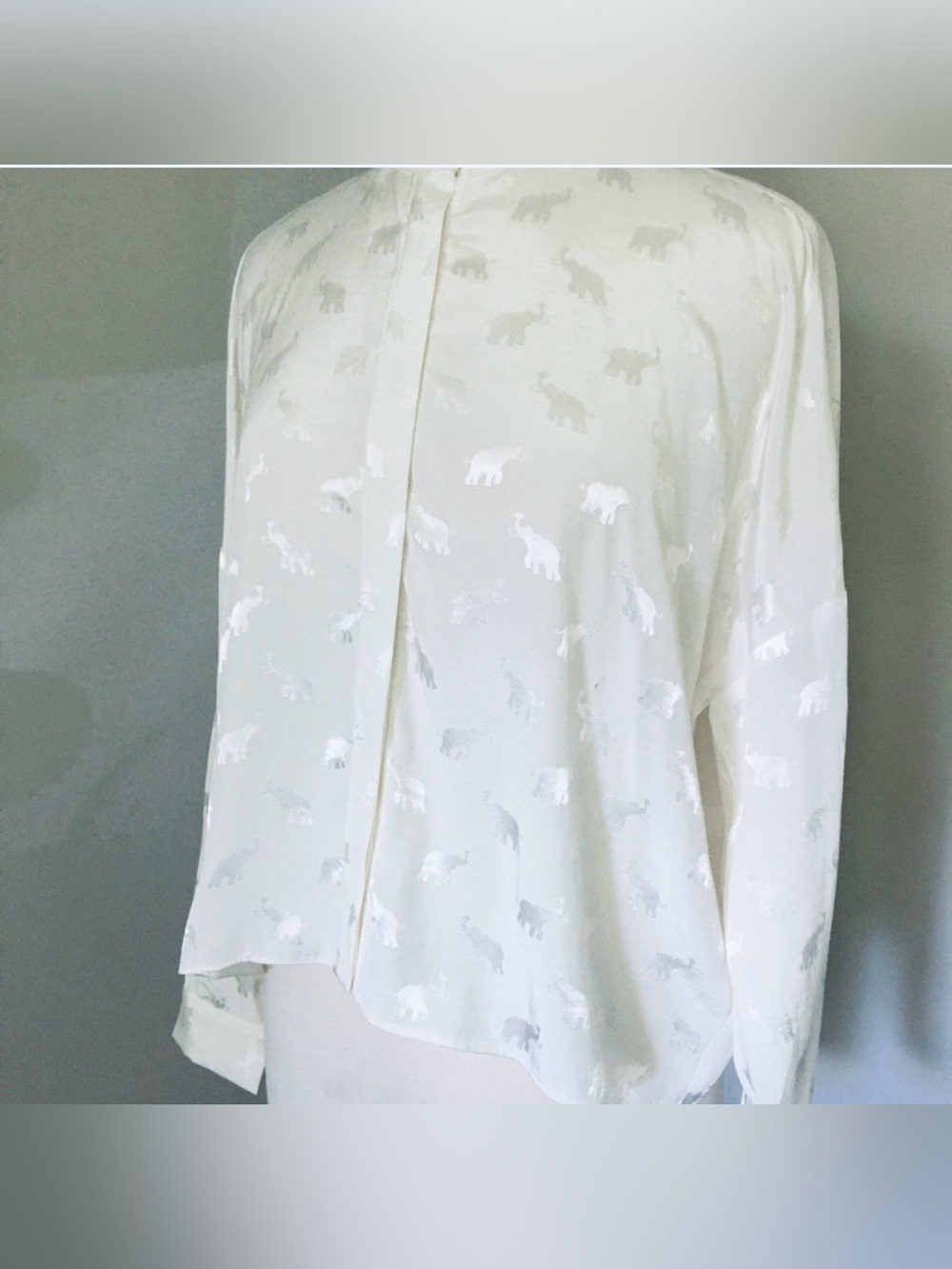 #3351**Women White Long-Sleeve Shirt with Subtle Elephant Print